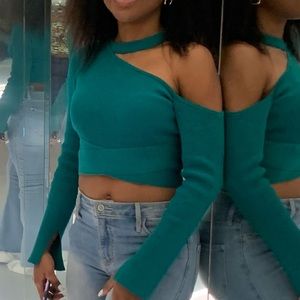 BEBE Asymmetrical Teal Crop Top